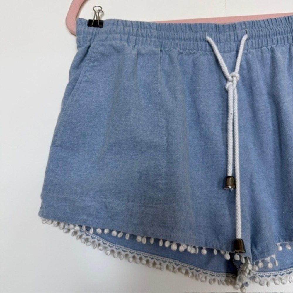 Rebecca Minkoff Chambray Drawstring Shorts with Pom Trim | Denim Shorts | S/M - Picture 3 of 8